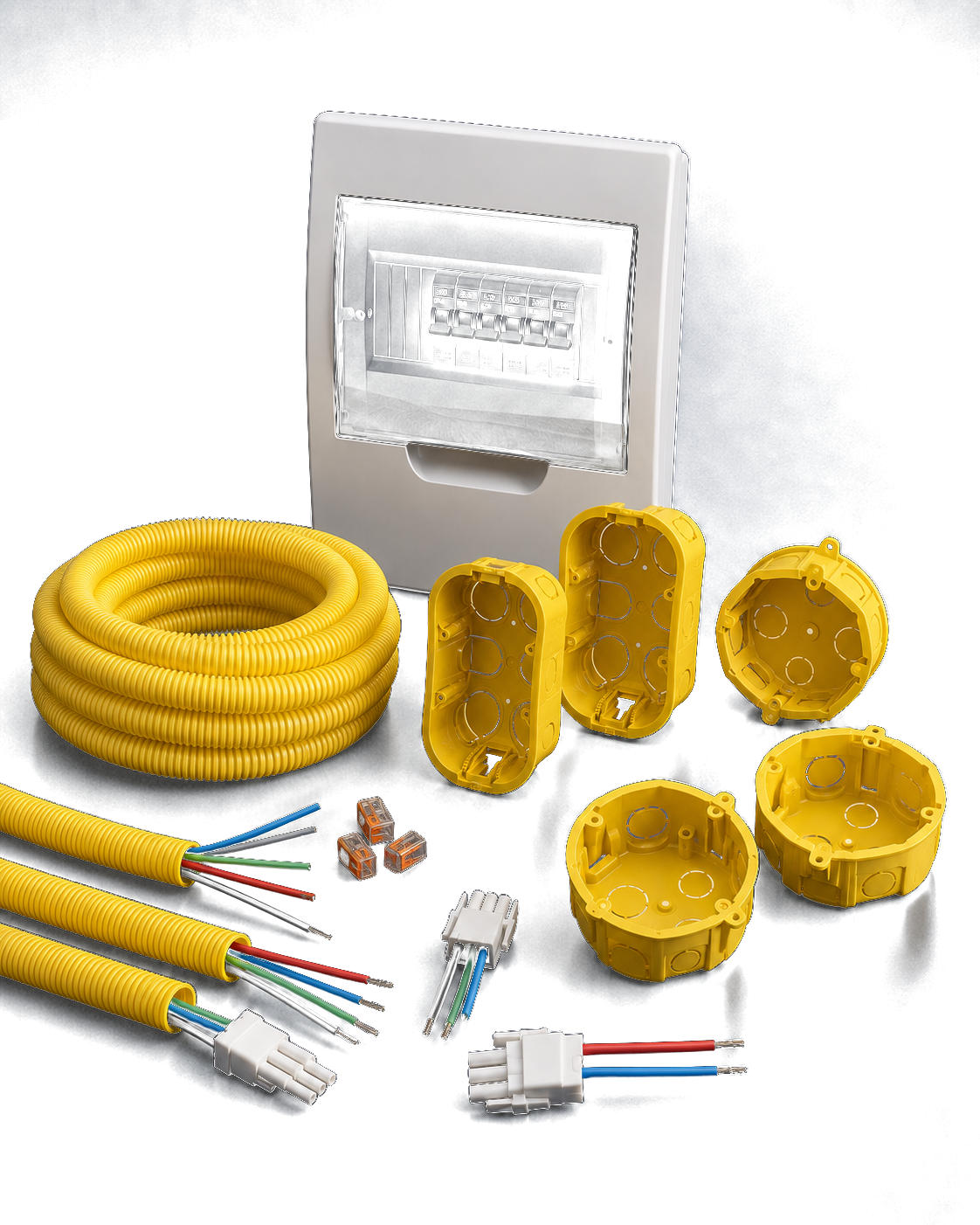 Sistema completo do kit KES — eletrodutos, caixas, conectores e quadro de distribuição